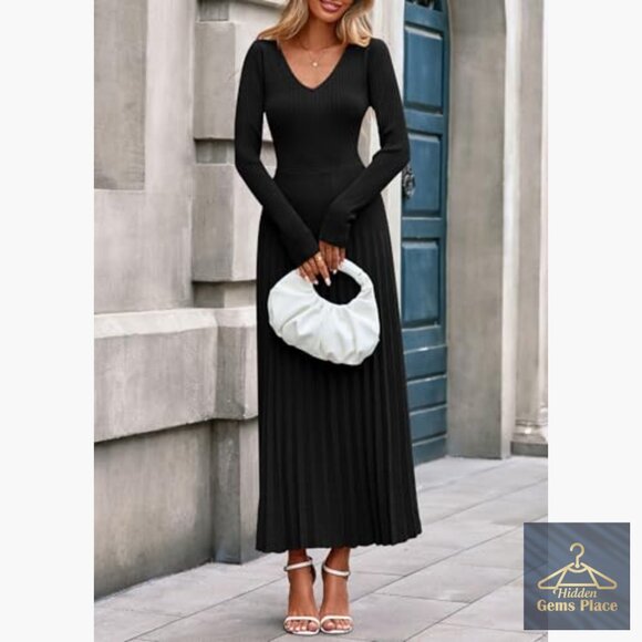 Long Sleeve V-Neck Ribbed Knit Pleated Maxi Sweater Dress - Picture 4 of 7